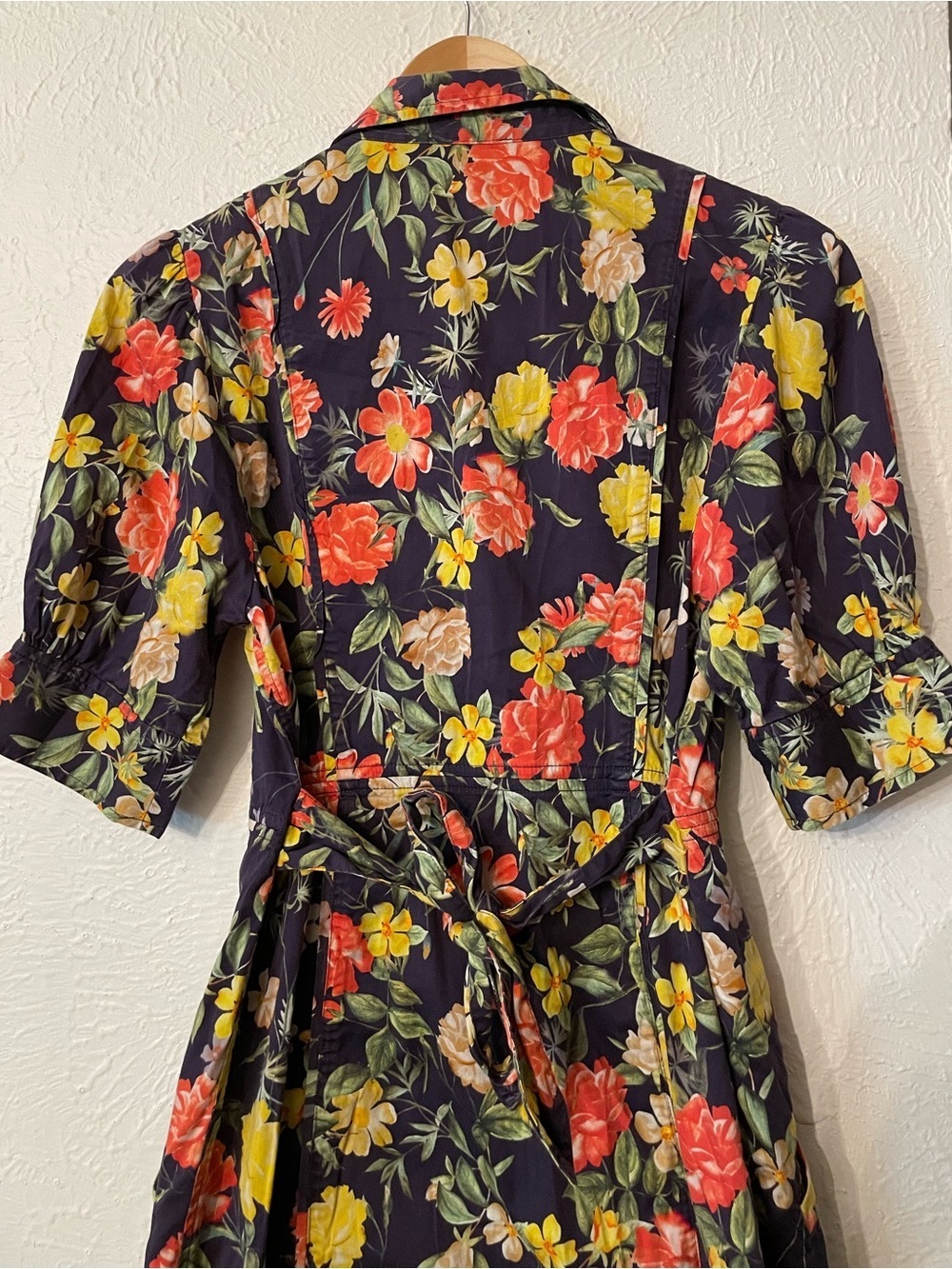 Marissa Webb Navy Tie-Waist Mini Multi Floral Printed Puff Sleeve Dress Size 10 - Picture 8 of 10